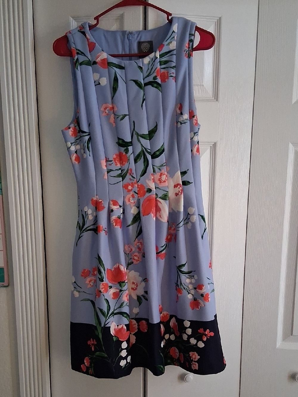 Vince Camuto Light Blue Floral Midi Dress with Coral and Navy Accents